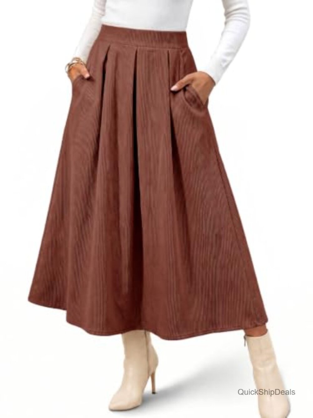 Corduroy Maxi Skirt High Waist A-Line Pleated Long Women's Casual